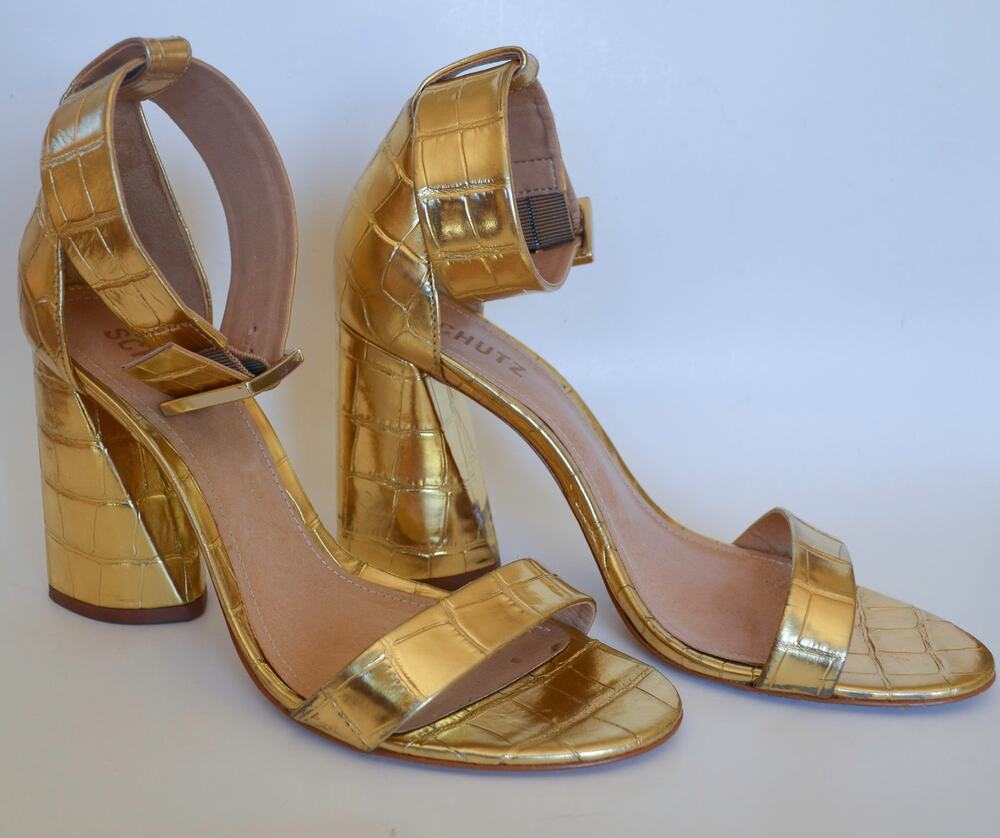 Schutz Gold Croc Embossed Ankle Strap Heel Sandal Size 40